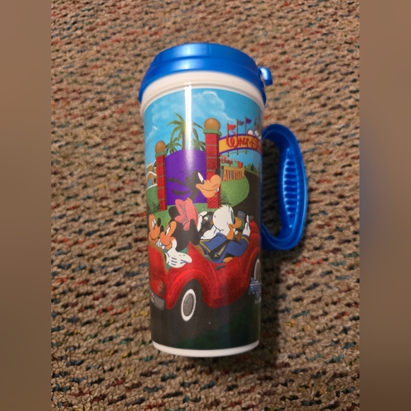 Disney World Handled Travel Mug Plastic Mickey Minnie Goofy Pluto Daffy Whirley - Picture 1 of 11